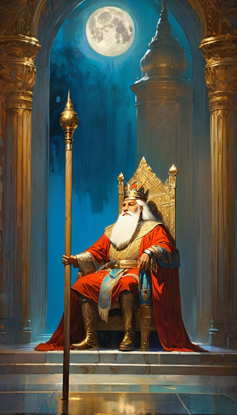 Charismatic and attractive king sitting on his throne, great hall of the palace, carrying a wooden pole in one hand, we see through the moonlit window, large landscape (art inspired by Bill Sienkiewicz, intricate details, oil painting)