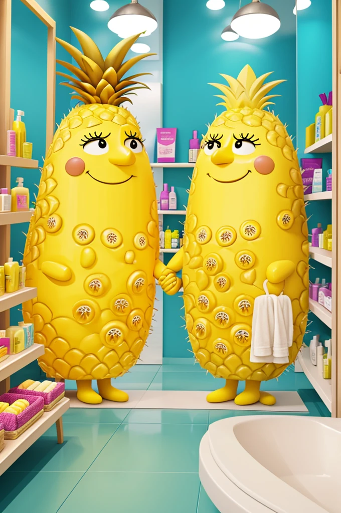Cartoon of a lemon and a pineapple holding hands inside a personal hygiene and beauty store