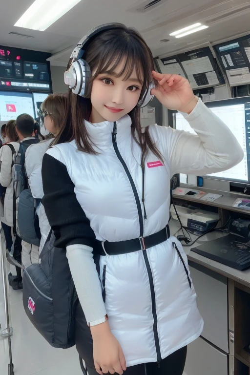 masterpiece, Highest quality, Very detailed, 8K Portrait,Japanese Android Girl,plump , Control panel,Robotic arms and legs, Blunt bangs,,break (Metallic Gray, Metallic luster, Mirror finish, Astro Best):5,headphone:5,break (Black sleeves):100,Smart Watches,Futuristic space station,Control Room,break headphone,blue eyes,(Black Hair):2,(Long Hair):1.3,Displaying the viewer,(respirator),break blush:3,Hidden Hand,smile