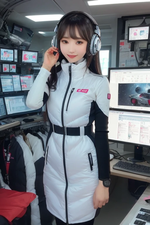 masterpiece, Highest quality, Very detailed, 8K Portrait,Japanese Android Girl,plump , Control panel,Robotic arms and legs, Blunt bangs,,break (Metallic Gray, Metallic luster, Mirror finish, Astro Best):5,headphone:5,break (Black sleeves):100,Smart Watches,Futuristic space station,Control Room,break headphone,blue eyes,(Black Hair):2,(Long Hair):1.3,Displaying the viewer,(respirator),break blush:3,Hidden Hand,smile
