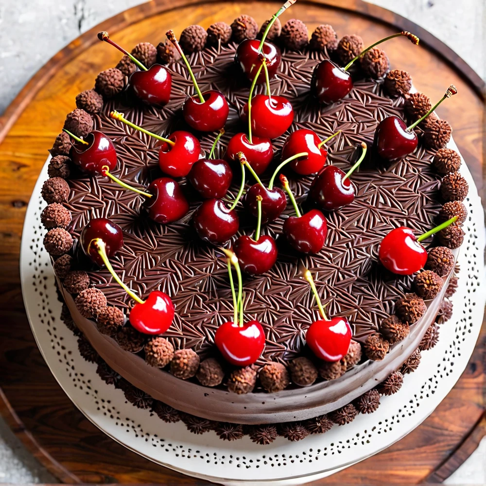 beautiful chocolate cake, with brigadeiros and cherry on top seen from above