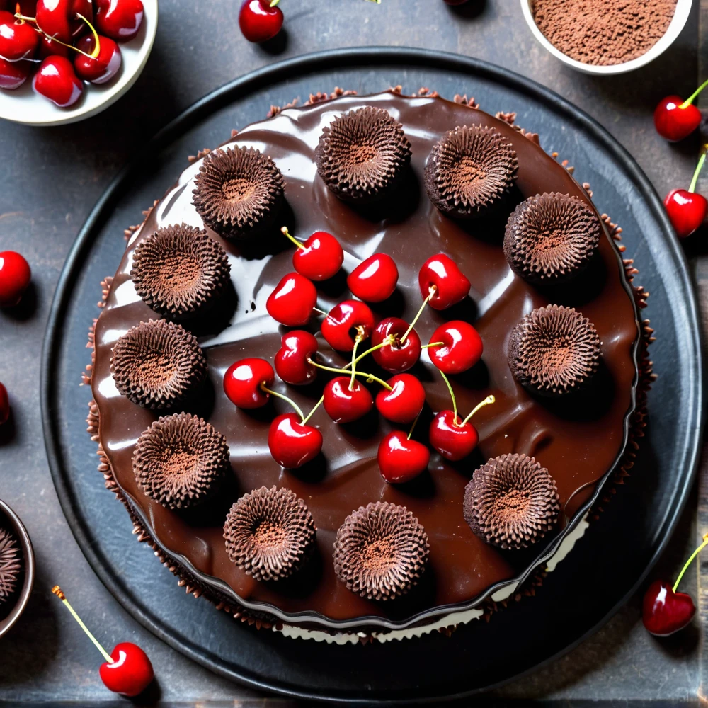 beautiful chocolate cake, with brigadeiros and cherry on top seen from above