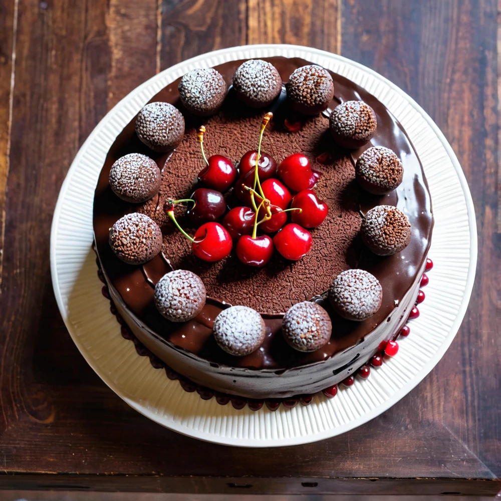 beautiful chocolate cake, with brigadeiros and cherry on top seen from above