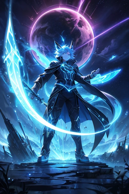 Niji mode. Full body. Ethereal sorcerer secret agent, elegant thin suit with fluid luminous white glowing magic circuits, celestial explorer emerging from a portal. Holding a longsword with glowing magic writings and long handle, glowing tattoos, magic piercings, magic stones, glowing magic eyes, advanced technology mixed with magic, magic circuits, magic tools, magic materials, developed by Technological Magic. Walking in the middle of a magical atompunk metropolis mixing technology and vegetation, the sky full of bright stars with cold colors. Wide and deep scenery with multiple planes of depth, cinematic and dynamic scene with sense of movement, view of magical glowing lights reflecting the scene, particle effects, elegant pose, aura lights, glowing, epic atmosphere, celestial splendor, galactic fragmentation . Old anime style, Studio Ghibli, Metal hurlant, art book, RPG fantasy, comicbook.