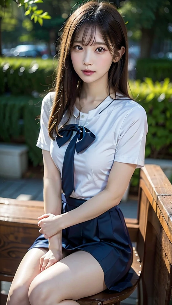 Realistic、Surreal、Cinema Lighting、32k、((1 Girl))、look up、Backlight、(Bright light:1.2)、(Improvement of quality:
1.4)、(Highest quality realistic textured skin:1.4)、fine grain、Detailed face、short hair、(Thighsから上のショット)、(Improved skin texture:1.1)、Matte texture、Open your mouth、(opening of lips)、Seductive smile 1.2、(Large Breasts:1.4)、((Simple and stylish glasses))、((Transparent white silk shirt))、tight black skirt、In the forest、Thighs、(17 years old、Japanese women)、A short-sleeved shiny dark sailor suit、White sailor collar、Navy blue pleated skirt、Red ribbon、White Stockings、