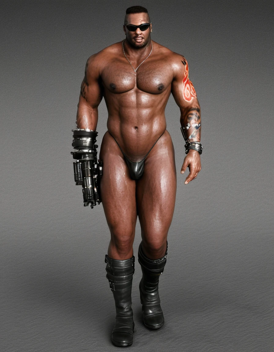 barret, dark skin male with gun dildo arm and tattoo, sunglasses, shirtless ,  (( micro-thong:_Pattern_designs_thongs_perspire_massive pec_Get wet all over your body)) , tail around waist, (best quality, masterpiece )) , full body , black boots