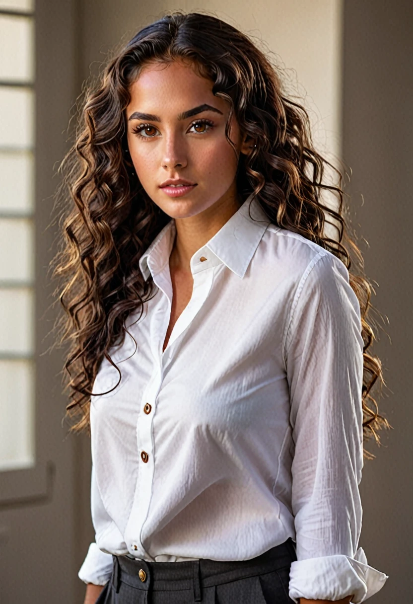 Young woman with brown eyes, long dark curly hair tanned skin wearing a white button down shirt, she has round ears and a captivating look, make her like a character from Sarah j Mass