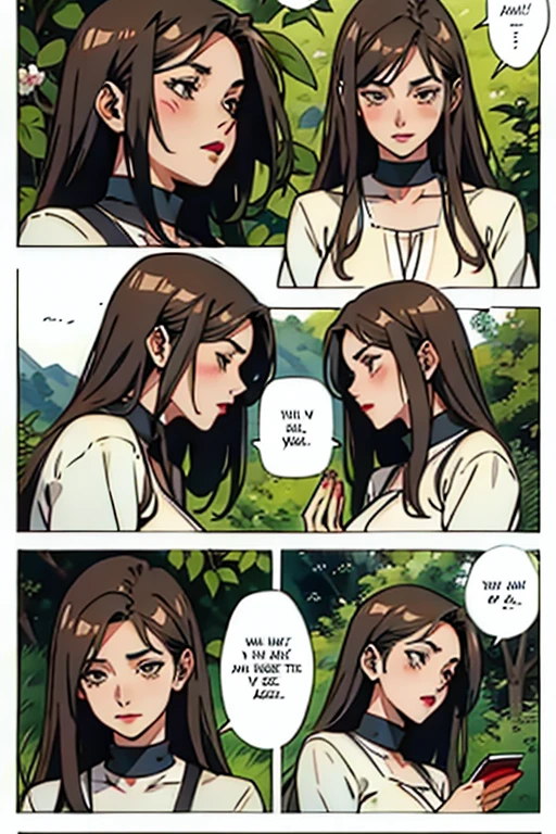 Mature women with long brown hair with lipstick , gentle eyes, holding herbs and meditating sadly , manga page with panels and dialogue