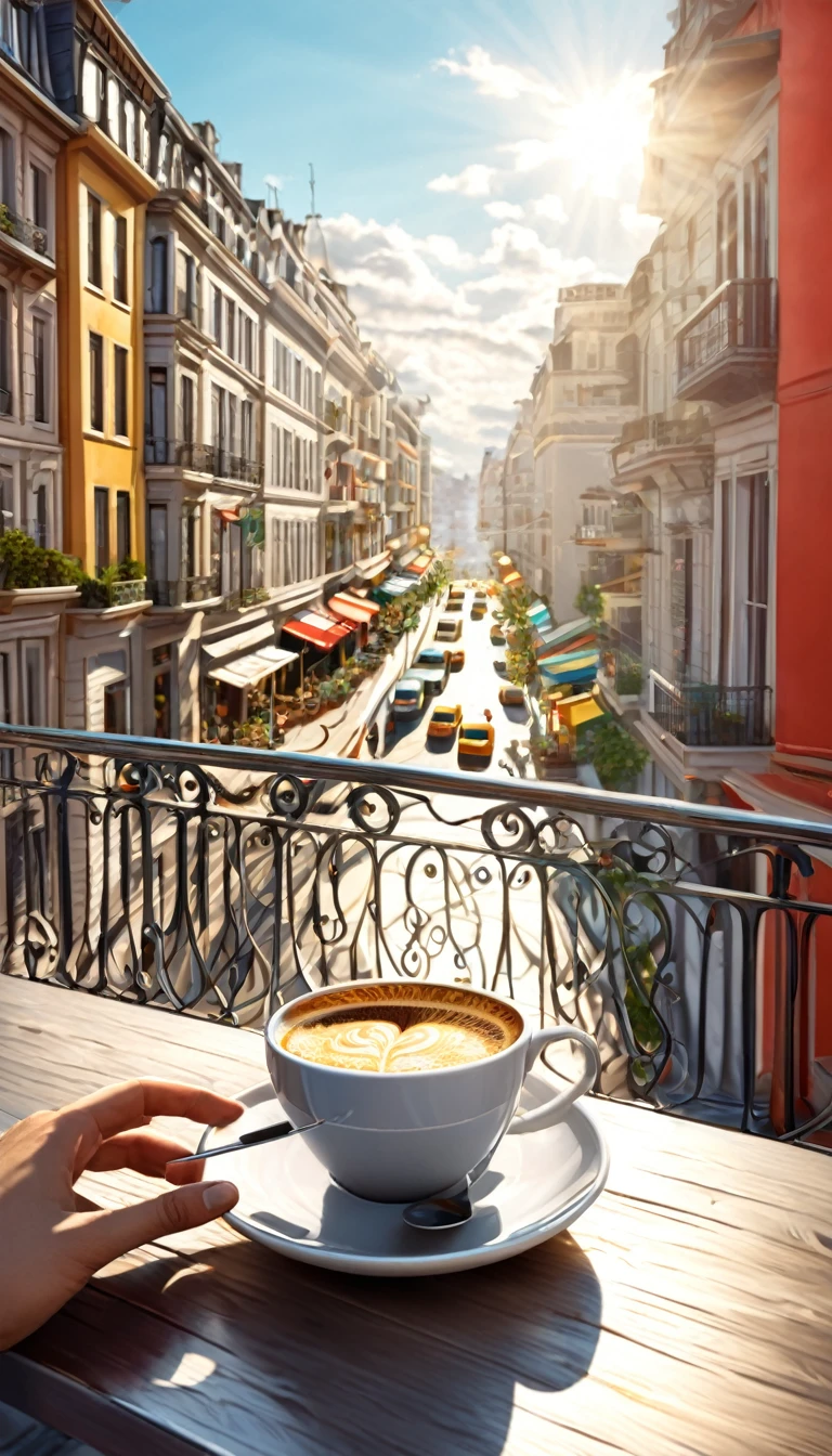 create a cup of coffee on a city terrace style illustration by Ali Erturk, High detail, HyperRealistic, natural light,illustration , bright colors