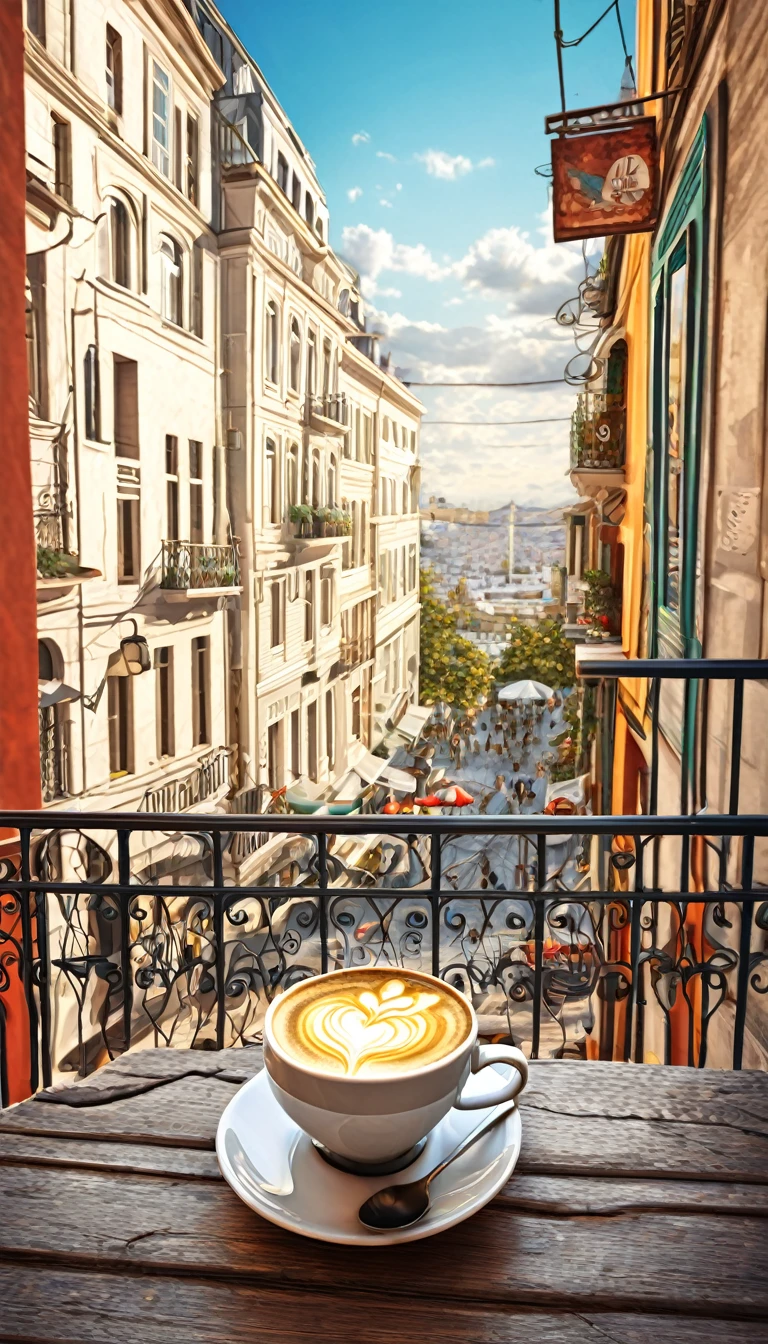 create a cup of coffee on a city terrace style illustration by Ali Erturk, High detail, HyperRealistic, natural light,illustration , bright colors