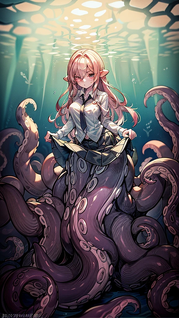 ((best quality)), ((highly detailed)), absurdres, (detailed eyes),(1girl,20 years old,mature female),solo,long hair,pink hair,(((white shirt,black standart tie,black skirt))),dynamic pose, cowboy shot, (((scylla))), standing, (tentacles:1.33), (suction cups:1.33), (fused:1.33), ((tentacle legs)), squidlegs, ((underwater,sea,night)),leaning forward, serious,wallpaper