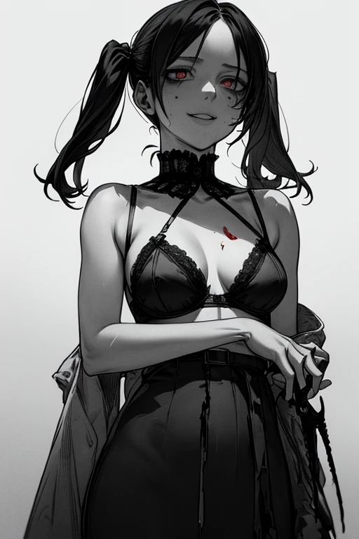 Best Quality, (Background detailed), (Male On Top), Perspective from Below, Full Length, Bra, High Contrast, Super Beautiful Girl, Detailed Original Illustration, Sensual, Delicate Face, Charming, Bad Girl, Sexy, Wrist Cut, Looking At Camera, Real Breasts, Twintails, Stalker, Crazy Smile Beautiful, Crazy Eyes, Heads Up, Holding Knife, Pale Skin, Bloody, Bloody Shower, Dripping Blood, Black Hair, Yandere, Mengele, Minesque, ta, Blood Makeup, Red, Black Background, (Black Background: 1. 5), Beautiful Line Drawing