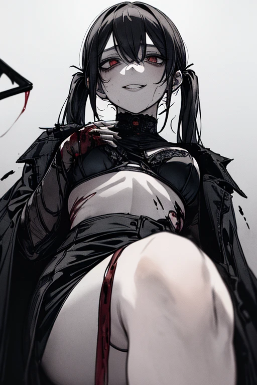 Best Quality, (Background detailed), (Male On Top), Perspective from Below, Full Length, Bra, High Contrast, Super Beautiful Girl, Detailed Original Illustration, Sensual, Delicate Face, Charming, Bad Girl, Sexy, Wrist Cut, Looking At Camera, Real Breasts, Twintails, Stalker, Crazy Smile Beautiful, Crazy Eyes, Heads Up, Holding Knife, Pale Skin, Bloody, Bloody Shower, Dripping Blood, Black Hair, Yandere, Mengele, Minesque, ta, Blood Makeup, Red, Black Background, (Black Background: 1. 5), Beautiful Line Drawing