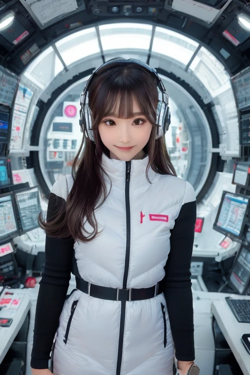 masterpiece, Highest quality, Very detailed, 8K Portrait,Japanese Android Girl,plump , Control panel,Robotic arms and legs, Blunt bangs,,break (Metallic Gray, Metallic luster, Mirror finish, Astro Best):5,headphone:5,break (Black sleeves):100,Smart Watches,Futuristic space station,Control Room,break headphone,blue eyes,(Black Hair):2,(Long Hair):1.3,Displaying the viewer,(respirator),break blush:3,Hidden Hand,smile