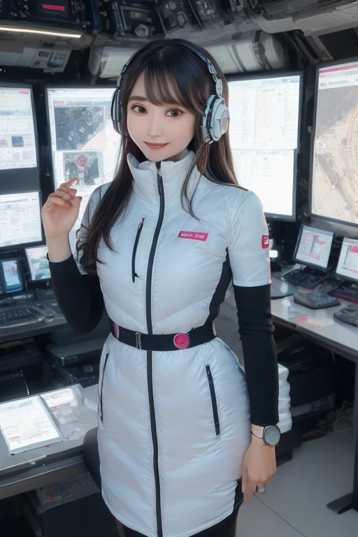 masterpiece, Highest quality, Very detailed, 8K Portrait,Japanese Android Girl,plump , Control panel,Robotic arms and legs, Blunt bangs,,break (Metallic Gray, Metallic luster, Mirror finish, Astro Best):5,headphone:5,break (Black sleeves):100,Smart Watches,Futuristic space station,Control Room,break headphone,blue eyes,(Black Hair):2,(Long Hair):1.3,Displaying the viewer,(respirator),break blush:3,Hidden Hand,smile
