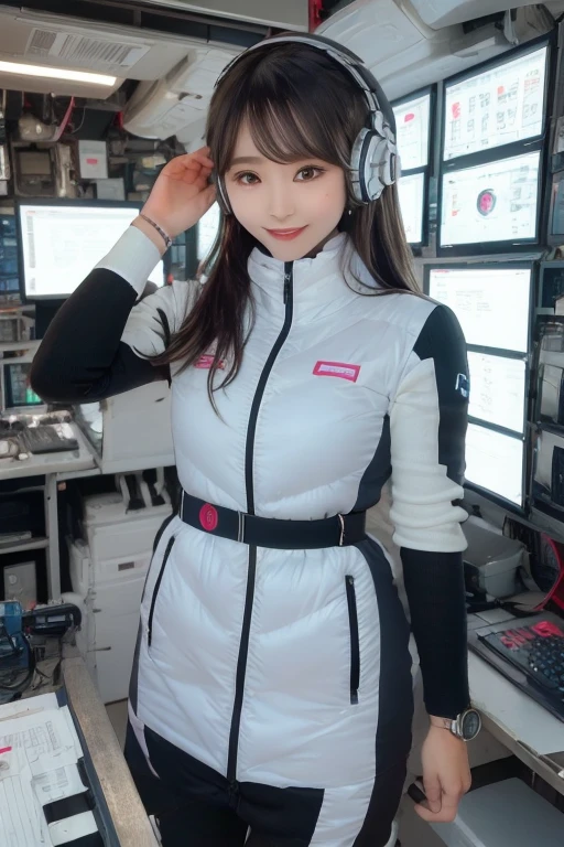 masterpiece, Highest quality, Very detailed, 8K Portrait,Japanese Android Girl,plump , Control panel,Robotic arms and legs, Blunt bangs,,break (Metallic Gray, Metallic luster, Mirror finish, Astro Best):5,headphone:5,break (Black sleeves):100,Smart Watches,Futuristic space station,Control Room,break headphone,blue eyes,(Black Hair):2,(Long Hair):1.3,Displaying the viewer,(respirator),break blush:3,Hidden Hand,smile