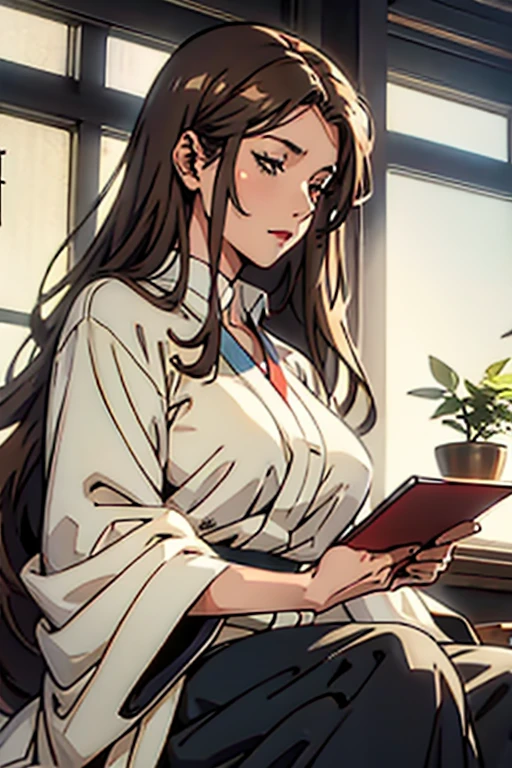 Mature women with long brown hair with lipstick , gentle eyes, holding herbs and meditating sadly , manga page with panels and dialogue