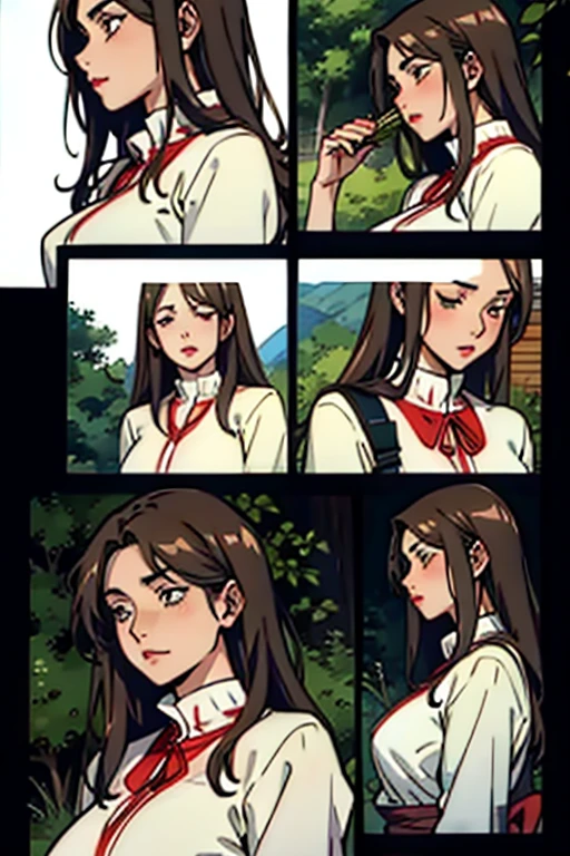 Mature women with long brown hair with lipstick , gentle eyes, holding herbs and meditating sadly , manga page with panels and dialogue    