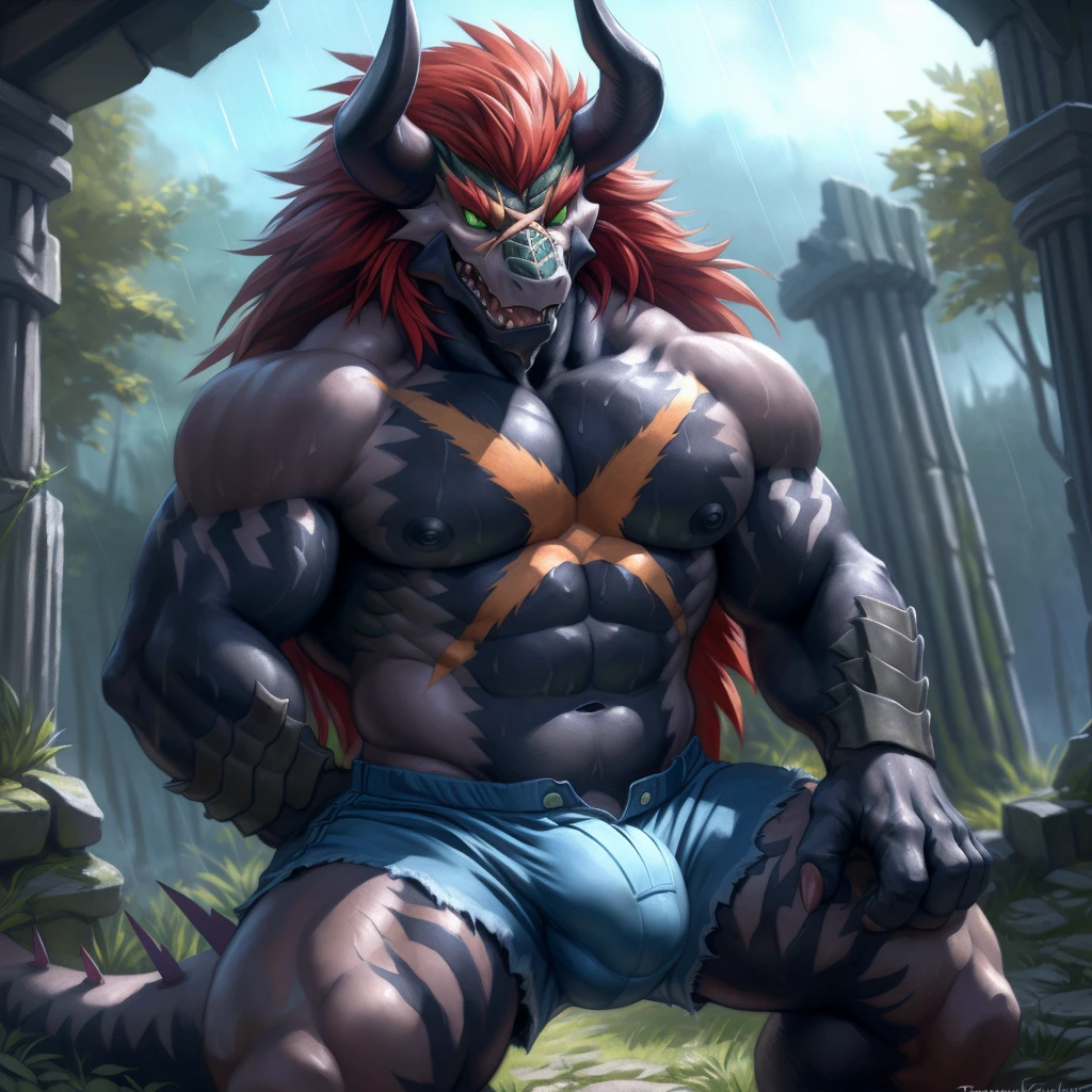 solo, breath (ultra detailed), a beautiful and detailed full size portrait of a male anthro batzz, demon lord dragon batzz, dragon tail, green eyes, glowing eyes, black body, black skin, long hair, red hair, horns, scar, tail, bedroom eyes, detailed eyes, big body, sexy body, (wide body). goddess, kenket, Ross Tran,ruan jia, trending on artstation,foxovh, cenematic lighting, buff, big pecs, muscular anthro, spike arms, strong legs, ((big pecs, nipples, big pecs, blue shorts, bulge))), day, wet, front view, on knees, arms crossed, blush, angry, erection, sexy, vip, ruins, sweating, raining, woods,