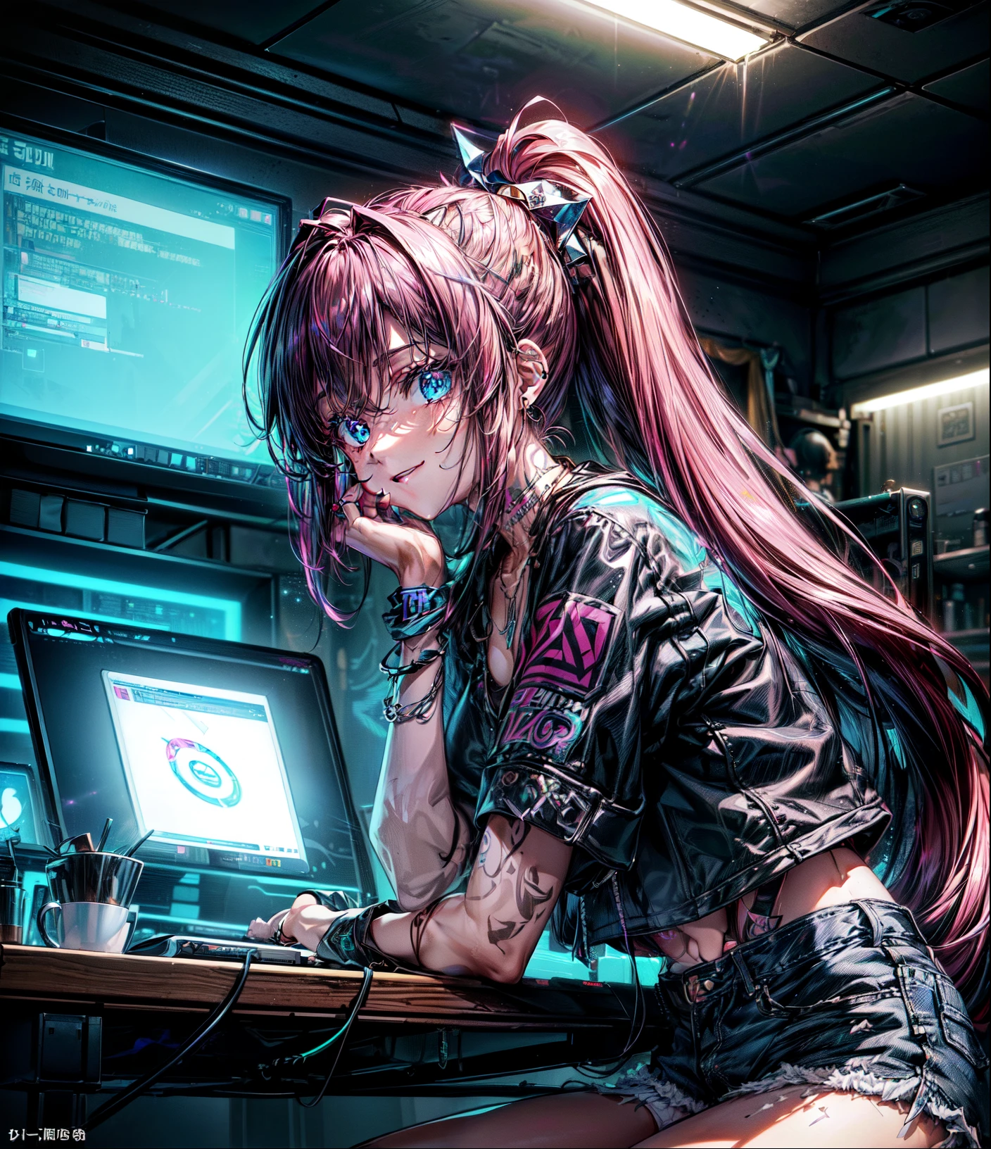 最high quality、best image quality、masterpiece、girl((20-year-old、 By becoming、vest bust、medium bust,wide open breast tea、shining eyes, neon hair、long hair、thin,highest valley、ponytail、Damaged Denim Shorts、black navel shirt、Damaged Denim Jacket、smile、full body tattoo,diamond earrings、Wristband、necklace、drink energy drink、leaning forward、elation)),high quality、beautiful art、background((Hacker Room、server room、neon lighting、computer stand、Laptop))、Flight、debris flies、Depth of written boundary、movie、visual art、perfect art、8k,genuine、