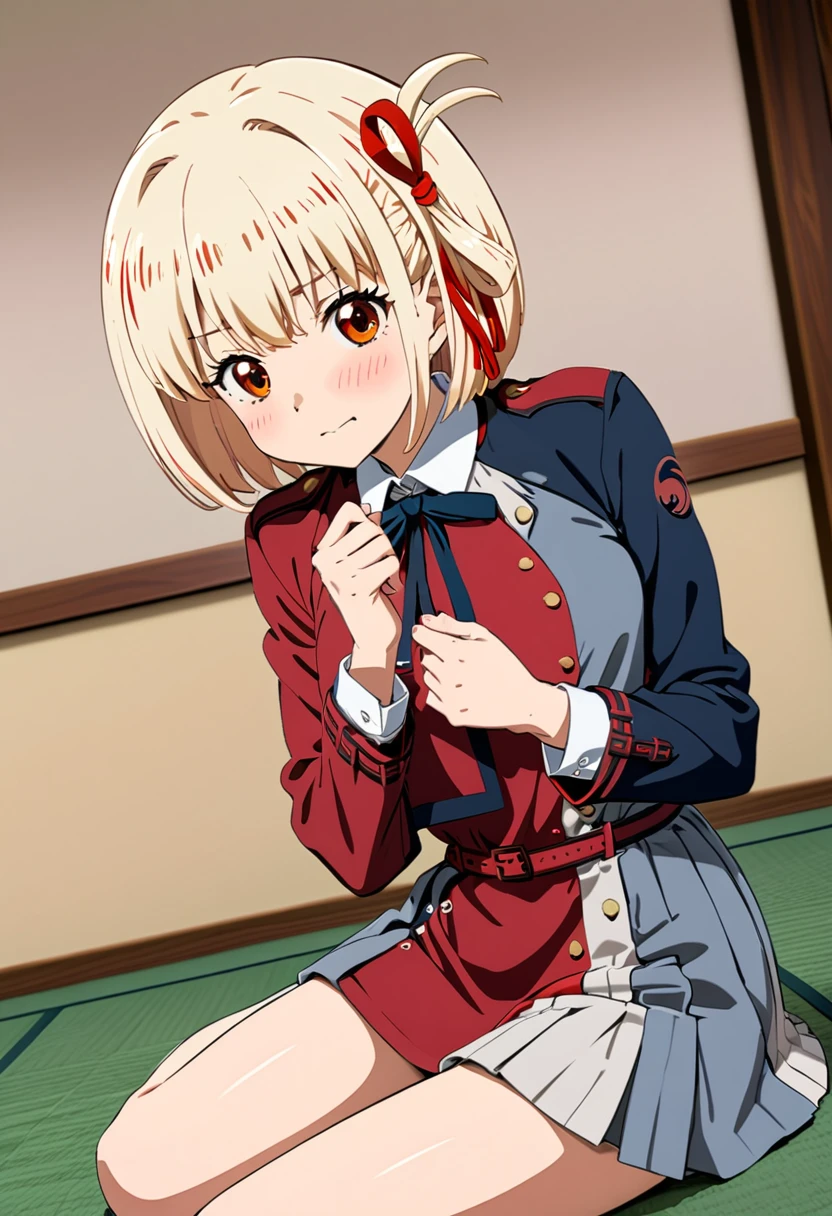 (masterpiece,Highest quality,Ultra-high resolution),(Perfect Face, Perfect body、Perfect hands、Clean five fingers),(TVanime,Cel painting style),1girl,(Nishikigi chisato, bob cut, hair ribbon,lycoris uniform, two-tone dress, red dress, grey dress, neck ribbon, long sleeves),(very young),(Blushing, embarrassed),(Japanese-style room、sit on futon),(shirtspread)