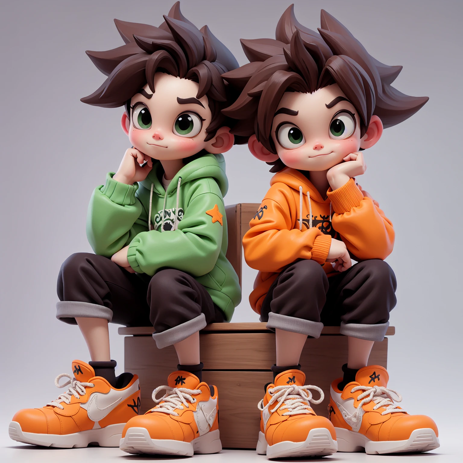 3D character model, anime boy, big eyes, spiky brown hair, colorful hoodie and sneakers, seated pose, holding stuffed animal, toy-like design, Anime-style figure, young boy, expressive facial features, vibrant clothing, detailed shoes, casual pose, holding plush toy, Cartoon character sculpture, with brown hair, large eyes, orange and green outfit, neon sneakers, sitting on a box, playful expression, modern design, Stylized 3D anime boy, detailed hair, bright clothes, relaxed sitting posture, clutching toy animal, youthful and cheerful, rendered in high detail, Cute animated boy model, expressive eyes, spiked hair, colorful attire, sitting pose, stuffed toy in hand, detailed and playful design, collectible aesthetic