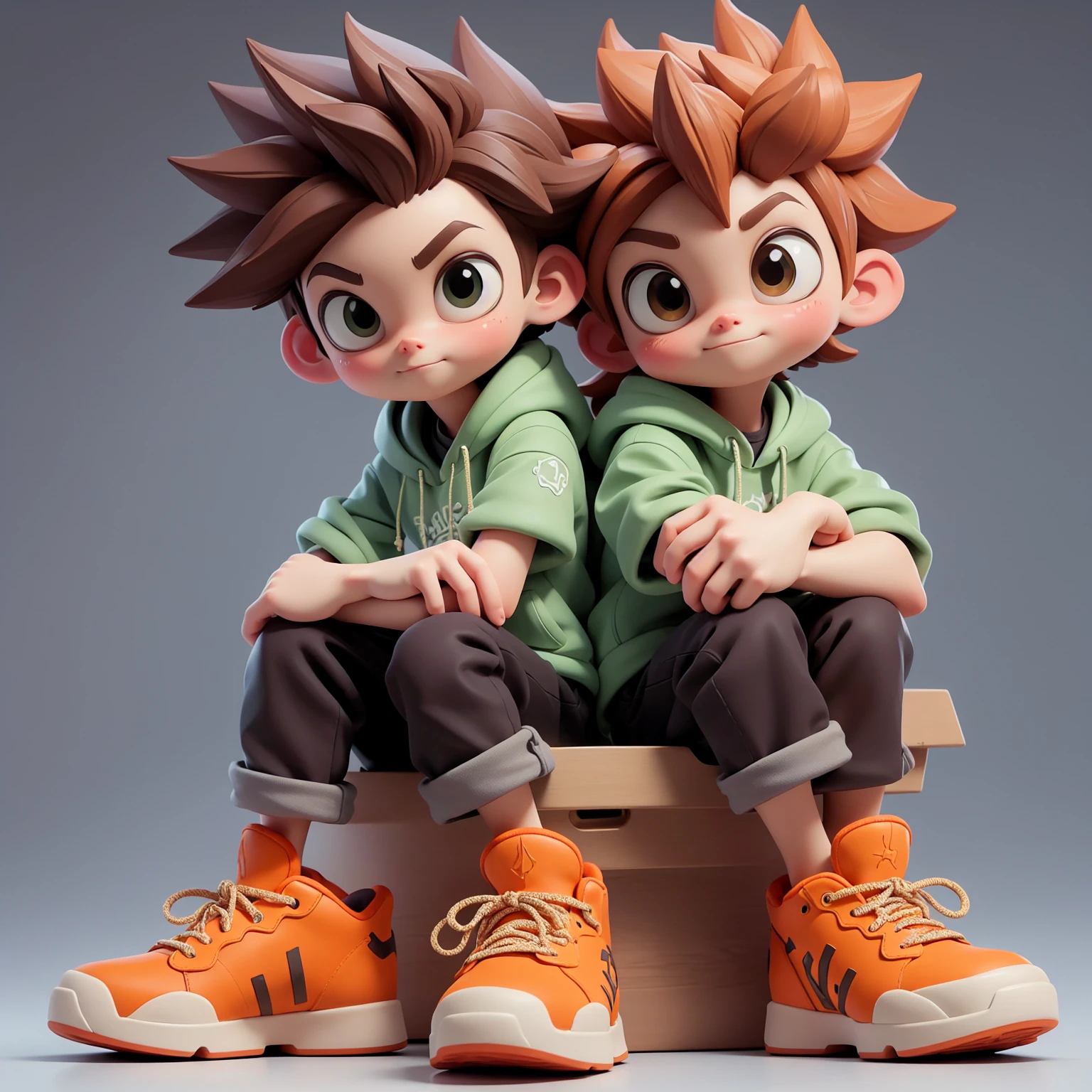 3D character model, anime boy, big eyes, spiky brown hair, colorful hoodie and sneakers, seated pose, holding stuffed animal, toy-like design, Anime-style figure, young boy, expressive facial features, vibrant clothing, detailed shoes, casual pose, holding plush toy, Cartoon character sculpture,  with brown hair, large eyes, orange and green outfit, neon sneakers, sitting on a box, playful expression, modern design, Stylized 3D anime boy, detailed hair, bright clothes, relaxed sitting posture, clutching toy animal, youthful and cheerful, rendered in high detail, Cute animated boy model, expressive eyes, spiked hair, colorful attire, sitting pose, stuffed toy in hand, detailed and playful design, collectible aesthetic