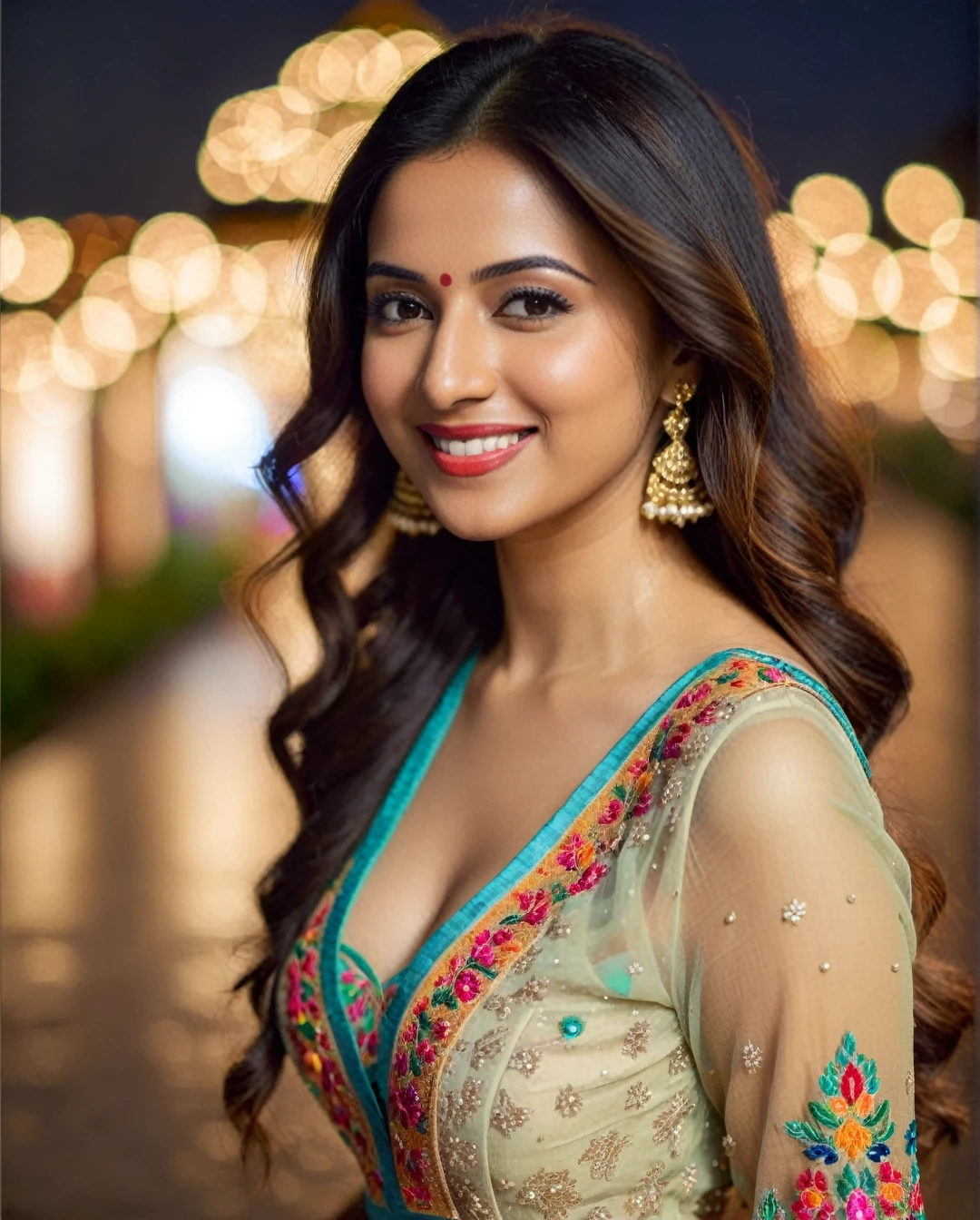 hires headshot photo of a beautiful 25 -year-old desilatte  woman, smiling, embroidered  ethnic dress, dynamic pose, highly textured skin, outdoors night time, background bokeh, cleavage, 