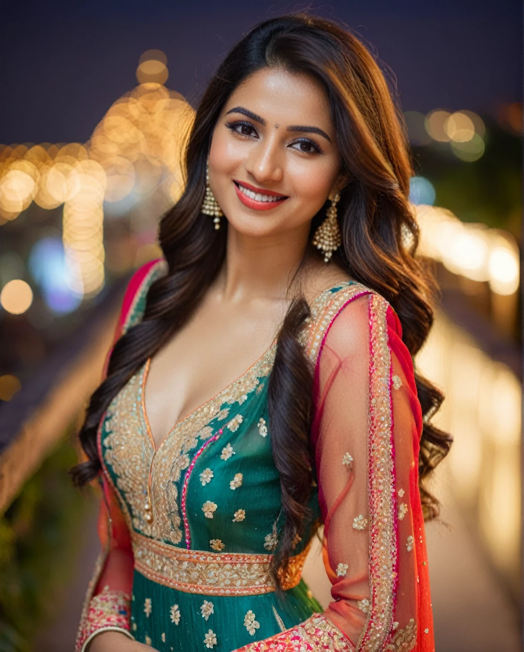 hires headshot photo of a beautiful 25 -year-old desilatte  woman, smiling, embroidered  ethnic dress, dynamic pose, highly textured skin, outdoors night time, background bokeh, cleavage, 