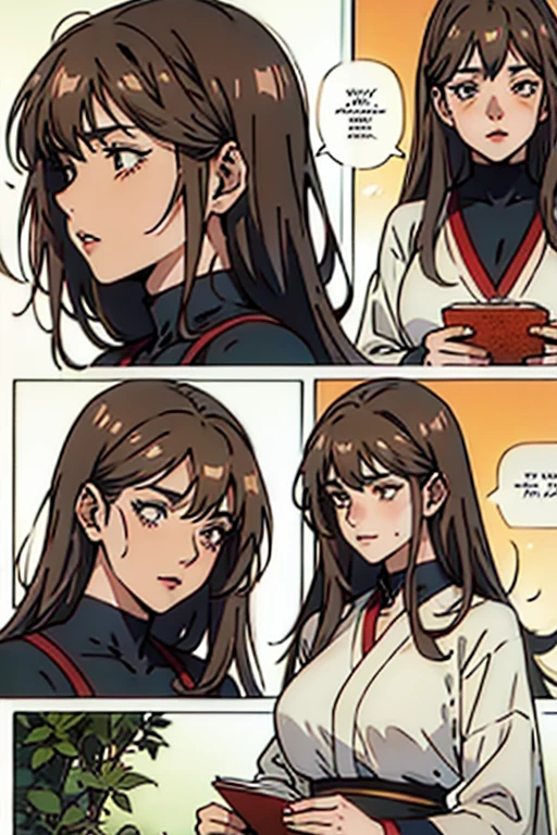 Mature women with long brown hair with lipstick , gentle eyes, holding herbs and meditating sadly , manga page with panels and dialogue
