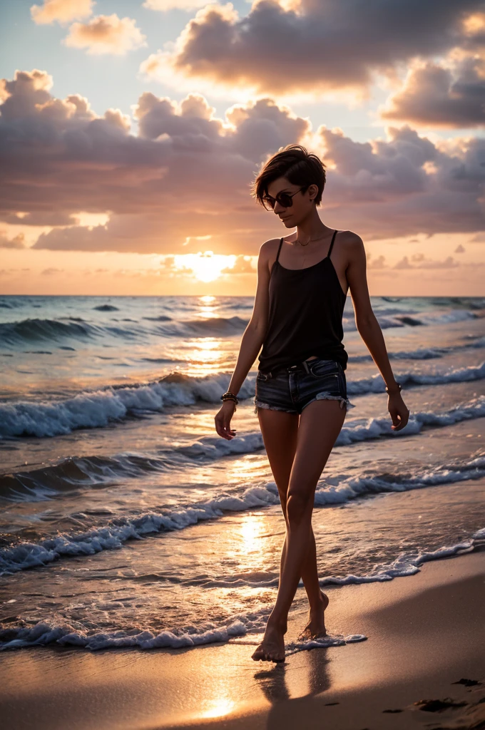 Small skinny short hair girl walking on a beach with a sunset