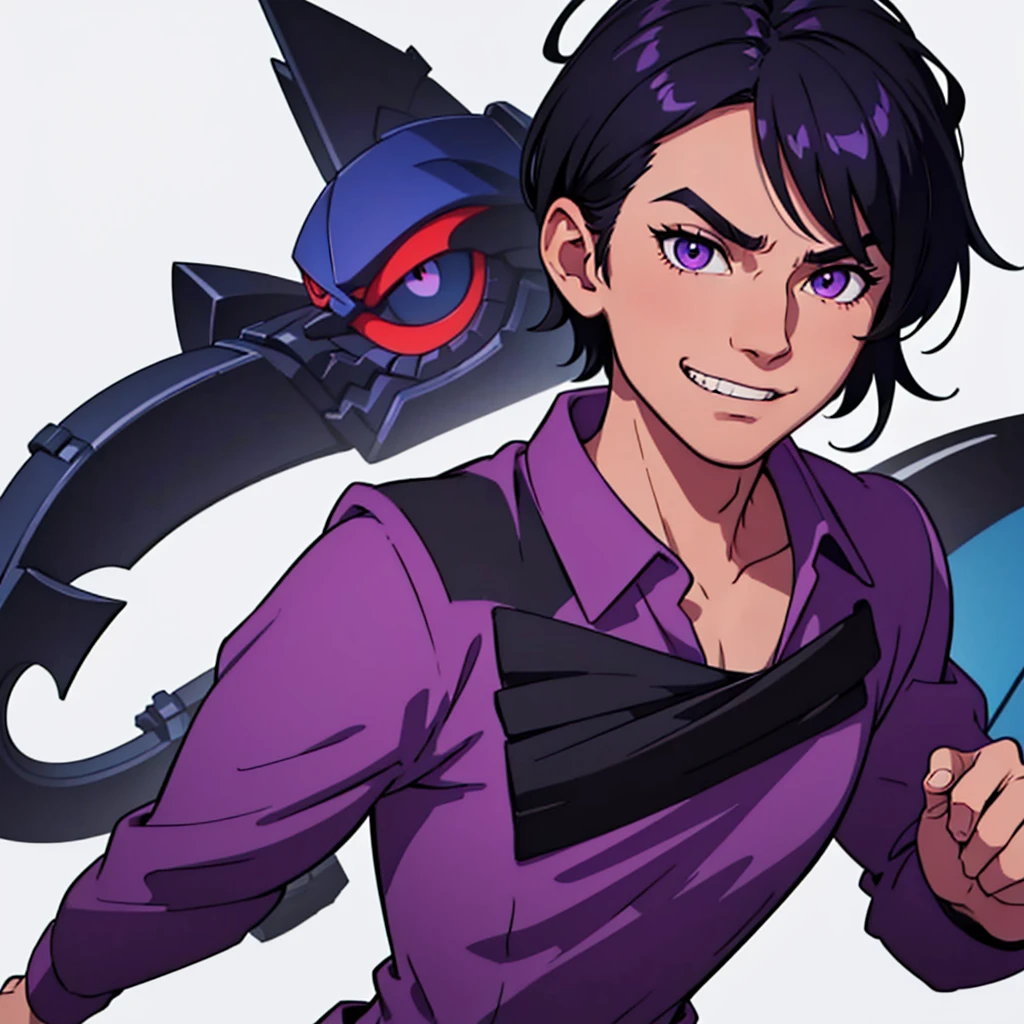 full face visible, looking towards camera, looking forward, short black hair, highres, high resolution, masterpiece, wide purple eyes, talking, neutral face, confident, masterpiece, best quality, highres, 1 man, 1 person, 1 entity, Baro Shoei blue lock, extremely short hair, black hair, short hair, teenager, colorful hair, light background, full body, teenager, colorful parts, symbols, dark , bold, realistic mixing dark lines and loose lines, bold lines, on paper, human man, full body, imposing pose, stylish outfit, dark theme, handsome, attractive, boastful, standing, male, sharp chin, wide jaw, square face, white background, highres, high resolution, masterpiece, mischievous grin, evil grin, grinning, smile, teeth showing, eyebrows lowered, lower eyebrows, evil looking