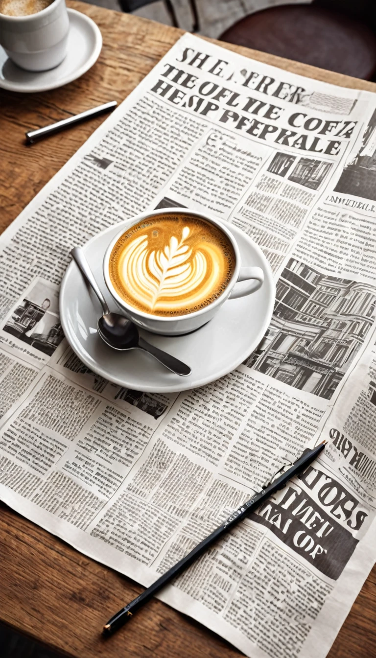 Create a cup of coffee with a newspaper on a coffee shop table in the style of an illustration by Ali Erturk, High detail, HyperRealistic, natural light,illustration , bright colors