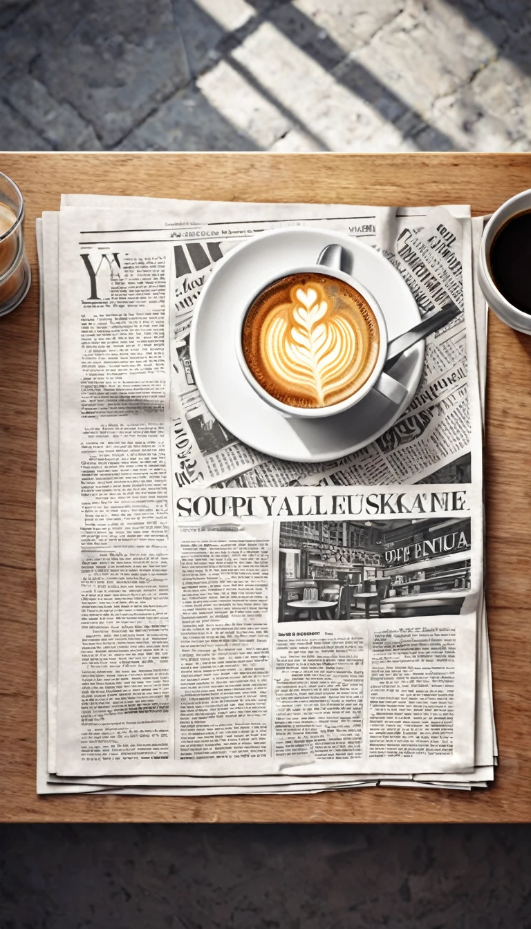 Create a cup of coffee with a newspaper on a coffee shop table in the style of an illustration by Ali Erturk, High detail, HyperRealistic, natural light,illustration , bright colors
