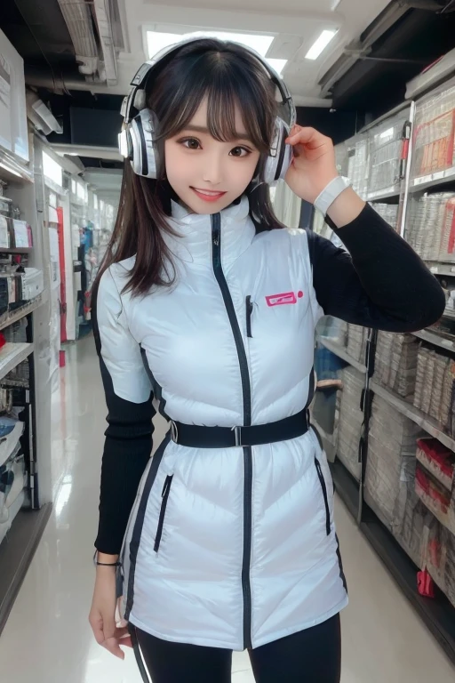 masterpiece, Highest quality, Very detailed, 8K Portrait,Japanese Android Girl,plump , Control panel,Robotic arms and legs, Blunt bangs,,break (Metallic Gray, Metallic luster, Mirror finish, Astro Best):5,headphone:5,break (Black sleeves):100,Smart Watches,Futuristic space station,Control Room,break headphone,blue eyes,(Black Hair):2,(Long Hair):1.3,Displaying the viewer,(respirator),break blush:3,Hidden Hand,smile