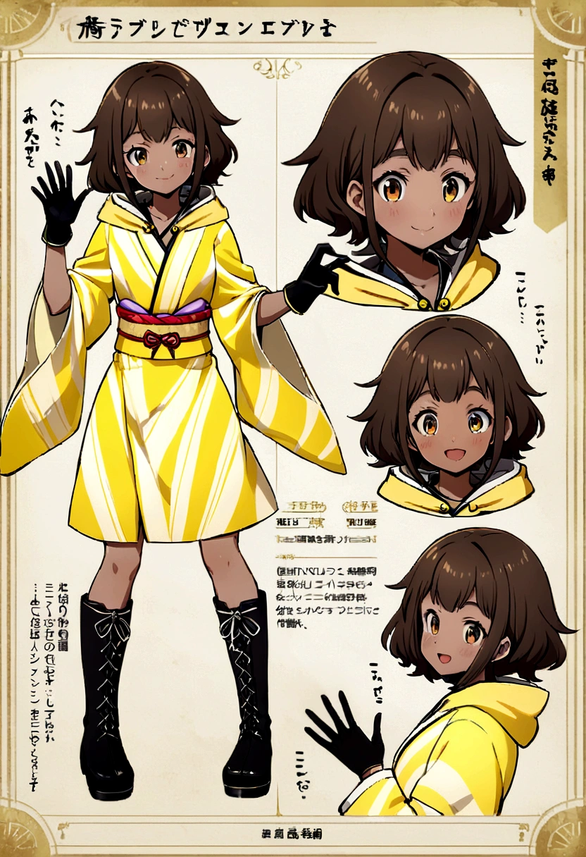 Character sheet, full body, teenage girl, white and tanned skin, long brown hair, Japanese-style eyes, cute face, yellow spandex outfit with black fiery stripes, white cape with hood, knee-high black leather boots, black gloves
