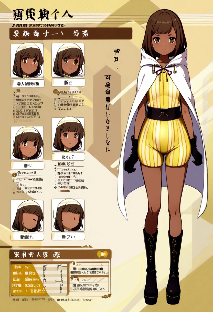 Character sheet, full body, teenage girl, white and tanned skin, long brown hair, Japanese-style eyes, cute face, yellow spandex outfit with black fiery stripes, white cape with hood, knee-high black leather boots, black gloves
