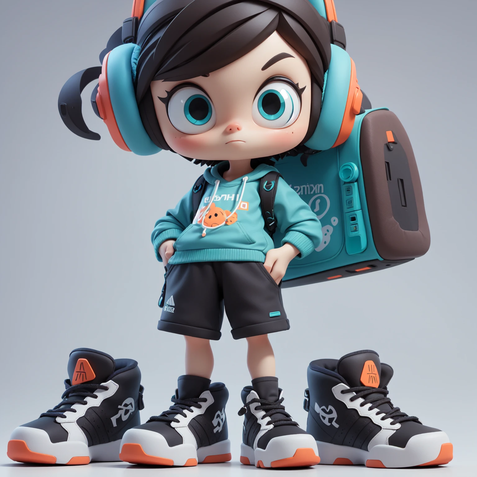 3D character, anime boy, large eyes, brown hair, blue headphones, gray t-shirt, shorts, oversized sneakers, hands in pockets, neutral expression
Cartoon model, young boy, detailed hair, big headphones, casual outfit, futuristic shoes, standing pose, minimal background, modern design
Stylized figure, boy with brown hair, turquoise headphones, graphic t-shirt, black shorts, colorful sneakers, relaxed stance, 3D rendering
Cute animated boy, expressive eyes, blue and orange color scheme, hands in pockets, detailed sneakers, backpack, simple background, modern art
Chibi-style character, big eyes, spiky hair, headphones, casual attire, large shoes, standing pose, muted colors, collectible figure design