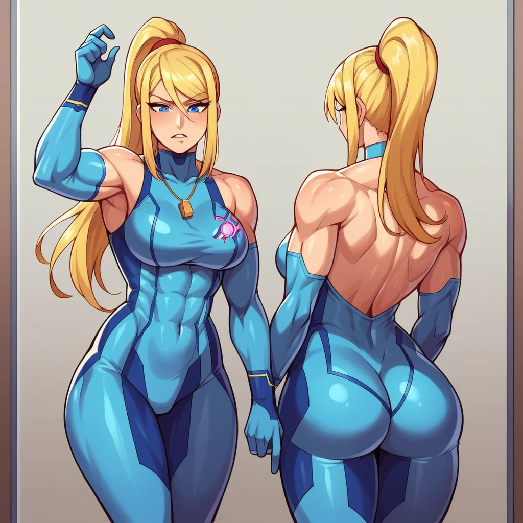 masterpiece, best quality, 1girl, (neoartcore:0.25), high quality cg defsamus, blonde hair, bodysuit, blue clothes, blue gloves,, futuristic, blue eyes, muscular female, big muscles, wearing a magical necklace around her neck, She looks down at her slender, powerful form and smiles. admiring her new appearance and the way the suit hugs her curves. She turns to a mirror and strikes a couple of poses, seeing how her new body moves and flexes. She gives an exaggerated flex and grins.