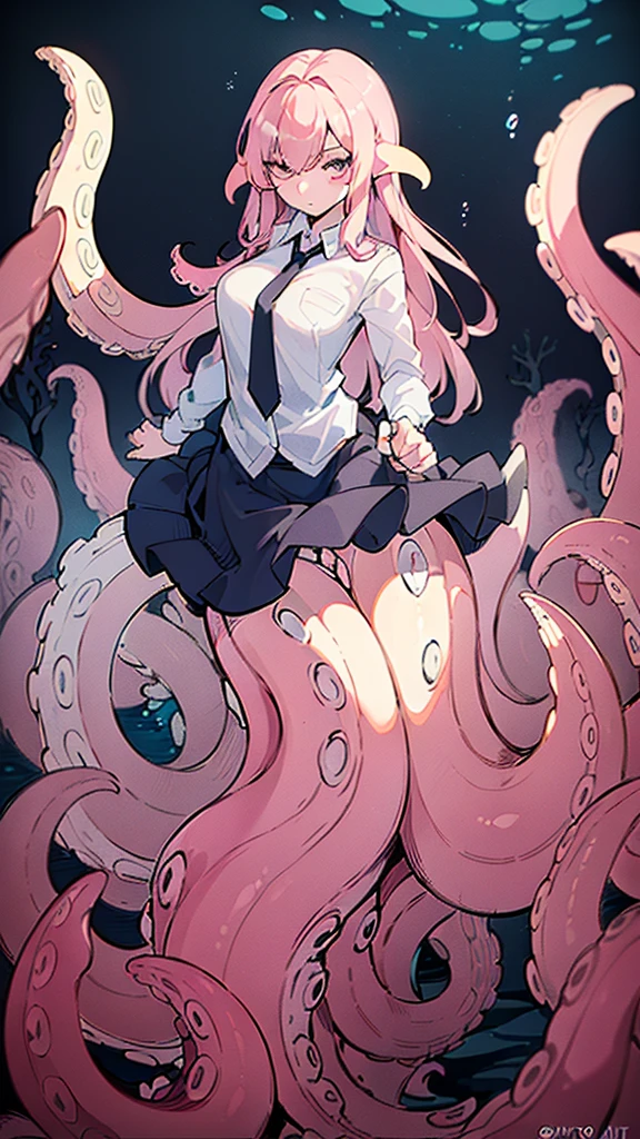 ((best quality)), ((highly detailed)), absurdres, (detailed eyes),(1girl,20 years old,mature female),solo,long hair,pink hair,(((white shirt,black standart tie,black skirt))),dynamic pose, (scylla), (tentacles:1.33), (suction cups:1.33), squidlegs, ((underwater,sea,night)), serious,wallpaper