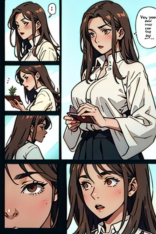 Mature women with long brown hair with lipstick , gentle eyes, holding herbs and meditating shocked , manga page with panels and dialogue    