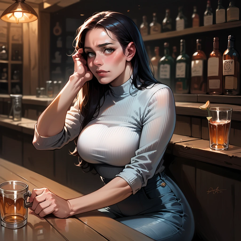8k, best quality, realistic photos, realistic details, clear face, delicate facial features, real skin shine, a cute girl, shy, facing the camera, girl sitting in a bar in a gray fishnet sweater and tight denim, clear bar background, sea view, arms on bar counter, hips, slim body, big breasts, 24 years old, charming, seductive eyes