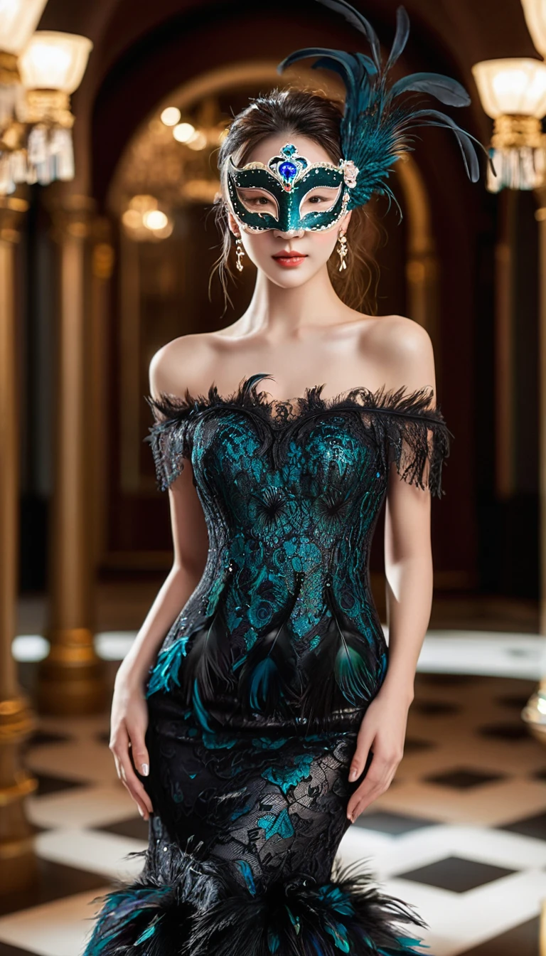 ((night)), Midnight black glamorous evening dress, Intricate lace pattern decorated with masquerade masks and feathers. This dress features an off-the-shoulder design and a mermaid silhouette. Tiny, Luminous mask embedded in lace, Add mystery, Charming touch. Feather headdress with miniature mask ornament，Add the finishing touch to the overall look. Glamorous, Very detailed, complicated设计, Whimsical light, complicated, Reality, masterpiece, high quality, Ultra Detailed, 8K, Volumetric Lighting, Dramatic shadows, 裙子上有complicated褶皱, Luxurious fabrics, Radiant Skin, captivatingexpression, detailed jewellery, Dramatic pose, Elegant hairstyle, Color, High-end fashion photography