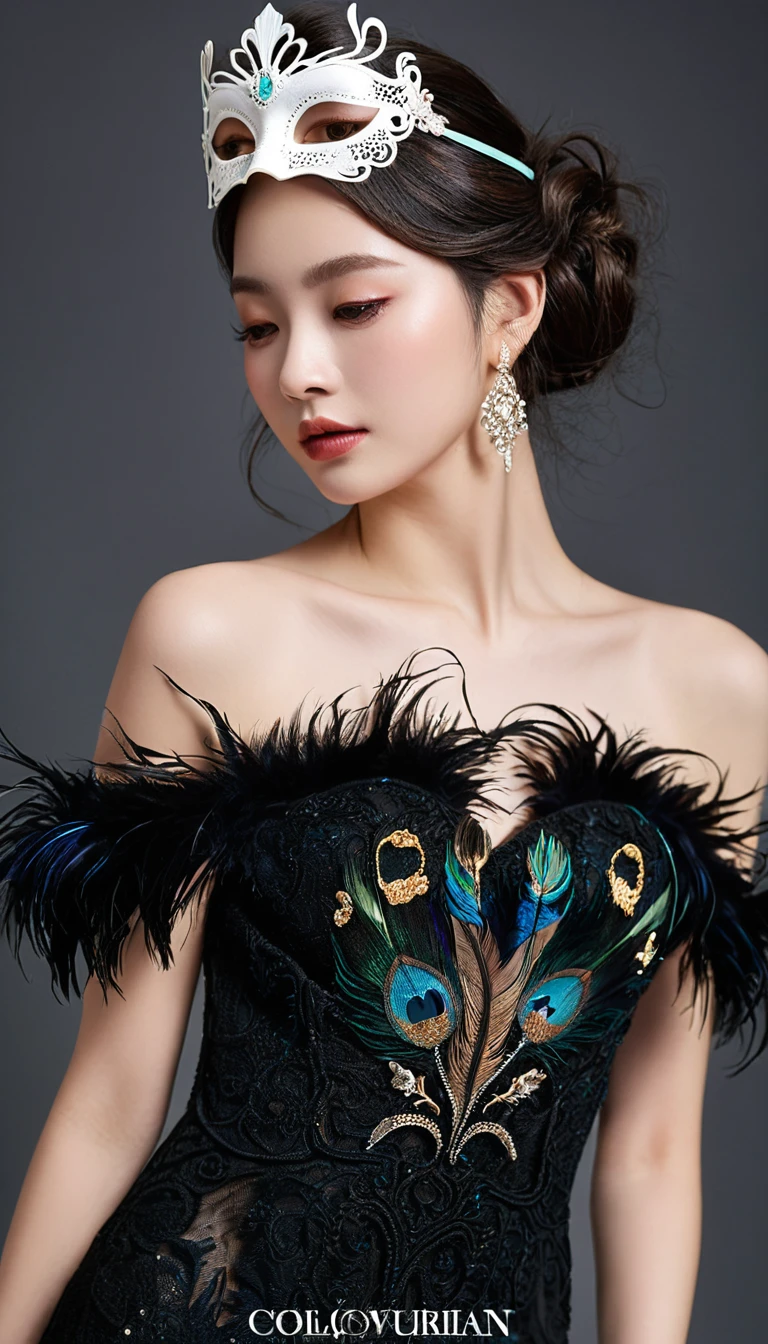 ((night)), Midnight black glamorous evening dress, Intricate lace pattern decorated with masquerade masks and feathers. This dress features an off-the-shoulder design and a mermaid silhouette. Tiny, Luminous mask embedded in lace, Add mystery, Charming touch. Feather headdress with miniature mask ornament,Add the finishing touch to the overall look. Glamorous, Very detailed, complicated设计, Whimsical light, complicated, Reality, masterpiece, high quality, Ultra Detailed, 8K, Volumetric Lighting, Dramatic shadows, 裙子上有complicated褶皱, Luxurious fabrics, Radiant Skin, captivatingexpression, detailed jewellery, Dramatic pose, Elegant hairstyle, Color, High-end fashion photography