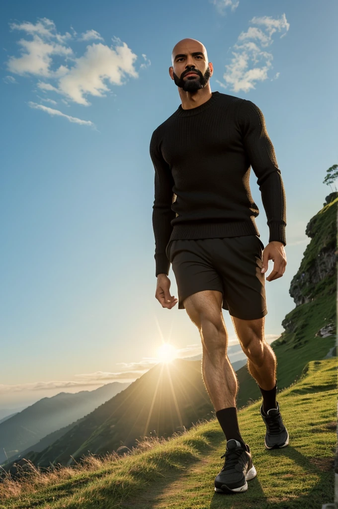 A high profile man, light brown skin, bald man with black beard, serious attitude, black dress, long sleeve black sweater, with shorts and muscular and hairy legs, with a lost look. Walking on a green mountain watching the sunrise, the sky is beautiful blue and sun rays in the distance. anime manga style