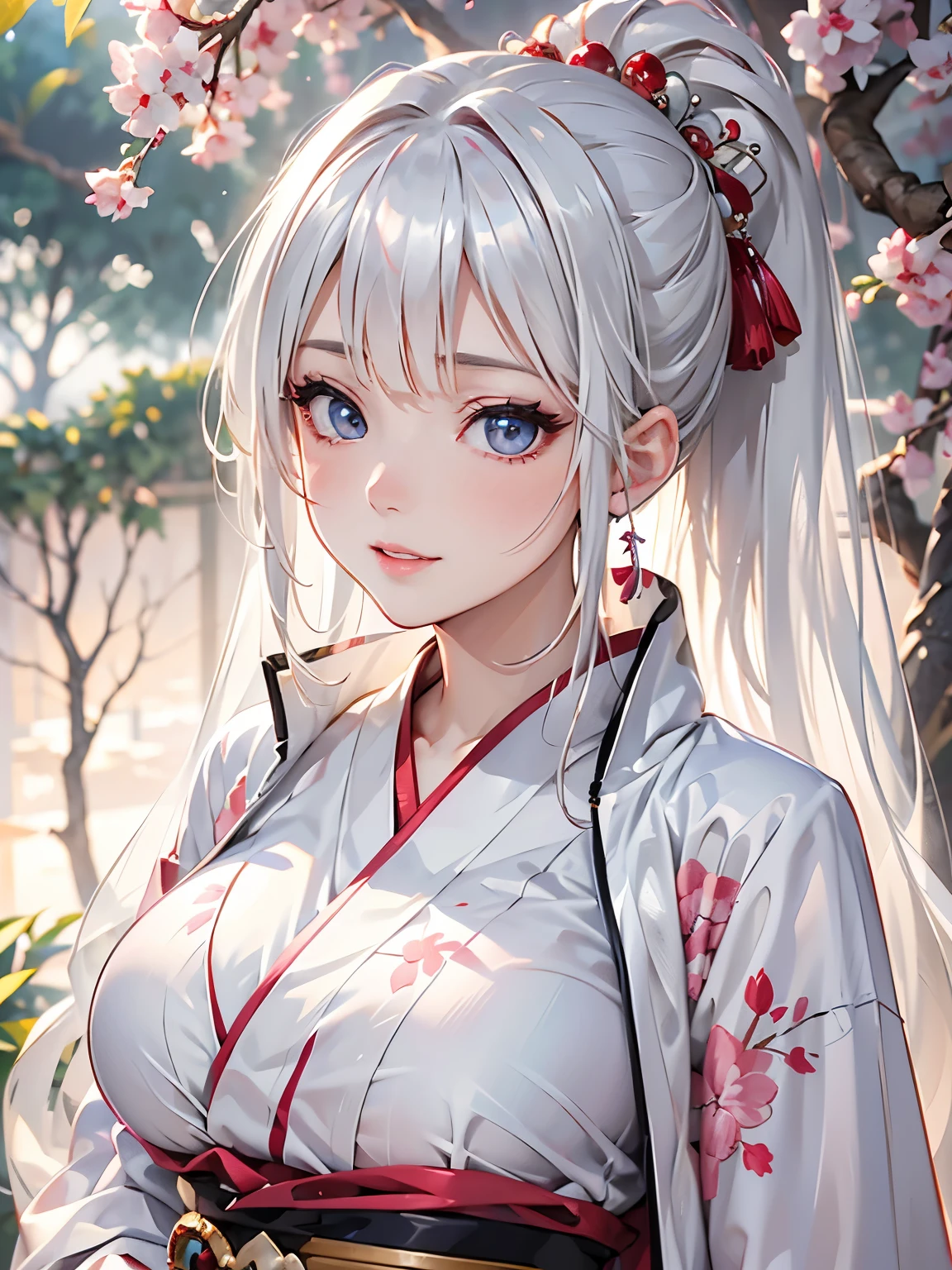 a 20 age, beautiful chubby girl, your face has strong pink makeup, wearing a white and red long and closed kimono, silver blue eyes, beautiful detailed eyes, detailed lips, suggestive pose, evil smile, very long hair, silver hair, long white ponytail hair, light and transparent veil filling with charm, in a cherry grove, under a rain of leaves on a late spring sunset, stunning beautiful artwork, maximalist, by artgerm, 8k anime artwork, 8k photo, trending on artstation. looking at the viewer, masterpiece, best quality, 