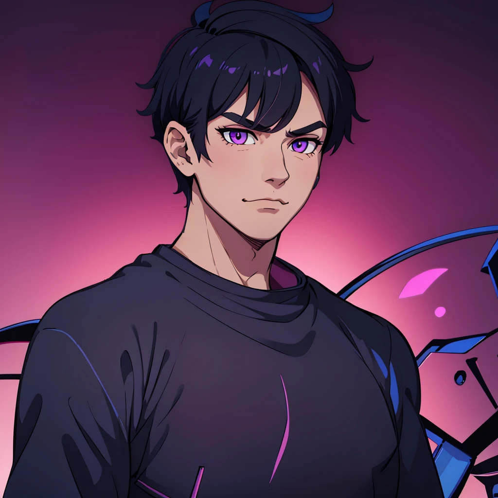 full face visible, looking towards camera, looking forward, short black hair, highres, high resolution, masterpiece, wide purple eyes, talking, neutral face, confident, masterpiece, best quality, highres, 1 man, 1 person, 1 entity, Baro Shoei blue lock, extremely short hair, black hair, short hair, teenager, colorful hair, light background, full body, teenager, colorful parts, symbols, dark , bold, realistic mixing dark lines and loose lines, bold lines, on paper, human man, full body, imposing pose, stylish outfit, dark theme, handsome, attractive, boastful, standing, male, sharp chin, wide jaw, square face, white background, highres, high resolution, masterpiece, mischievous grin, evil grin, grinning, smile, eyebrows lowered, lower eyebrows, evil looking
