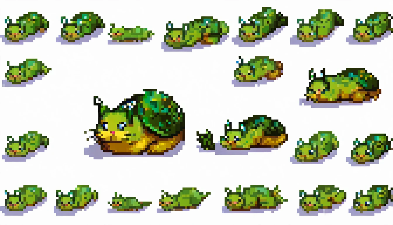 a slug mix of cat and slug in split images of floor animation for game, White background