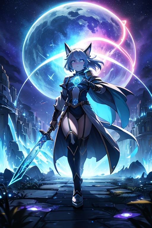 Niji mode.  Full body.  Ethereal sorcerer secret agent, elegant thin suit with fluid luminous white glowing magic circuits, celestial explorer emerging from a portal.  Holding a longsword with glowing magic writings and long handle, glowing tattoos, magic piercings, magic stones, glowing magic eyes, advanced technology mixed with magic, magic circuits, magic tools, magic materials, developed by Technological Magic.  Walking in the middle of a magical atompunk metropolis mixing technology and vegetation, the sky full of bright stars with cold colors.  Wide and deep scenery with multiple planes of depth, cinematic and dynamic scene with sense of movement, view of magical glowing lights reflecting the scene, particle effects, elegant pose, aura lights, glowing, epic atmosphere, celestial splendor, galactic fragmentation .  Old anime style, Studio Ghibli, Metal hurlant, art book, RPG fantasy, comicbook.