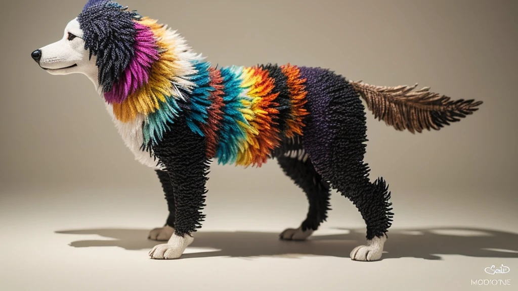 A detailed, abstract, ethereal sculpture of a [dog] made entirely of various colored gradient [feathers], aesthetically arranged to shape its features, creating a textured, vibrant, and intricate look against a simple, neutral background in an ultra-realistic, modern minimalist style.
